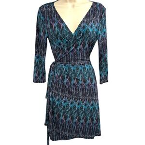 JustFab‎ Blue Teal Abstract Print Wrap Dress Long Sleeve NWT Womens XL